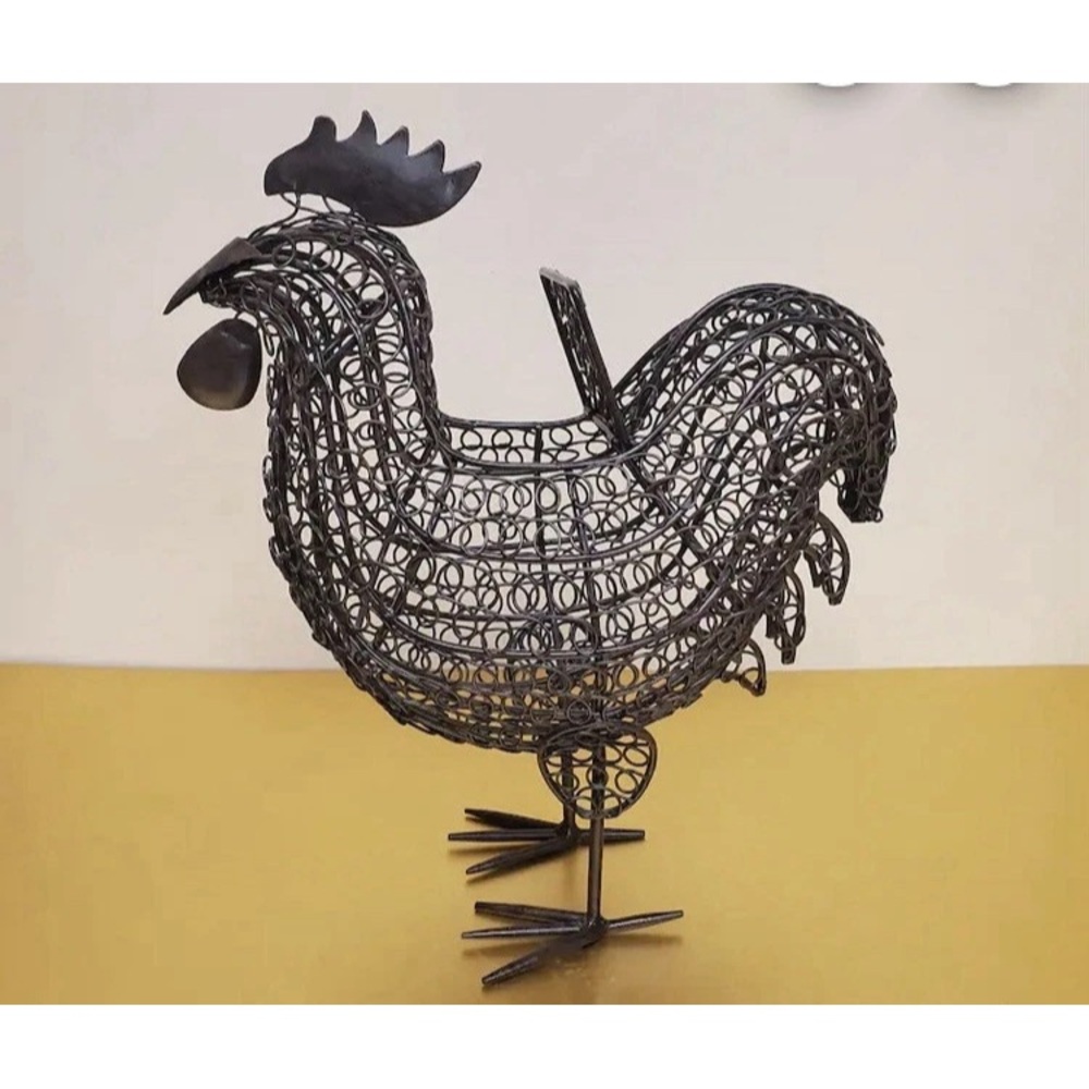 Vintage! Bronze Metal standing Rooster / Chicken Egg Basket - home / farm decor